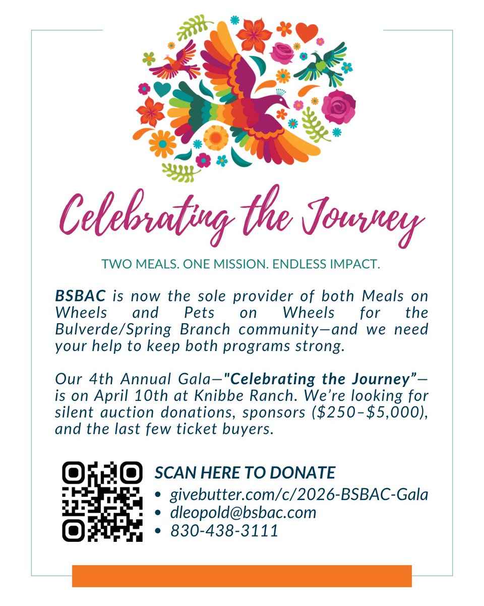 PrescottSeth's tweet photo. Aprilil 10 | BSBAC Gala | Knibbe Ranch 
We’re the only provider of Meals on Wheels AND Pets on Wheels 🙏 in Bulverde/Spring Branch. Seeking sponsors &amp; auction donors — final push! 🙏 
Donate here: https://t.co/iYCo71lcSe https://t.co/gJ9Ew3SWvl