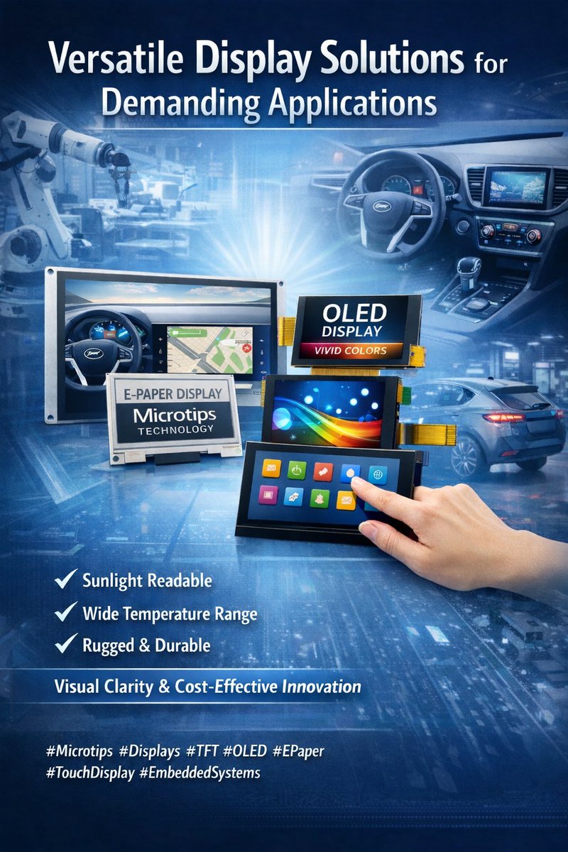 MicrotipsUSA's tweet image. Microtips Technology delivers TFT, OLED &amp;amp; E-Paper displays built for clarity, durability &amp;amp; seamless integration. Engineered for performance across industries.
#DisplayTech #TFT #OLED #EPaper #TFT #OLED #LCD #EPD #AMOLED #EV #TouchPanel #MicrotipsTechnology