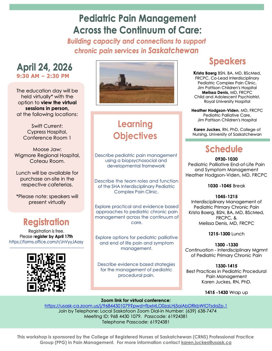 SaskPain's tweet photo. Join us on April 24, 2026 (9:30 AM – 2:30 PM) for a free virtual education day focused on pediatric pain management. This session will look at real, evidence-based ways to support children and families living with chronic pain, with a strong focus on team based care. https://t.co/EQRV5jOCQk