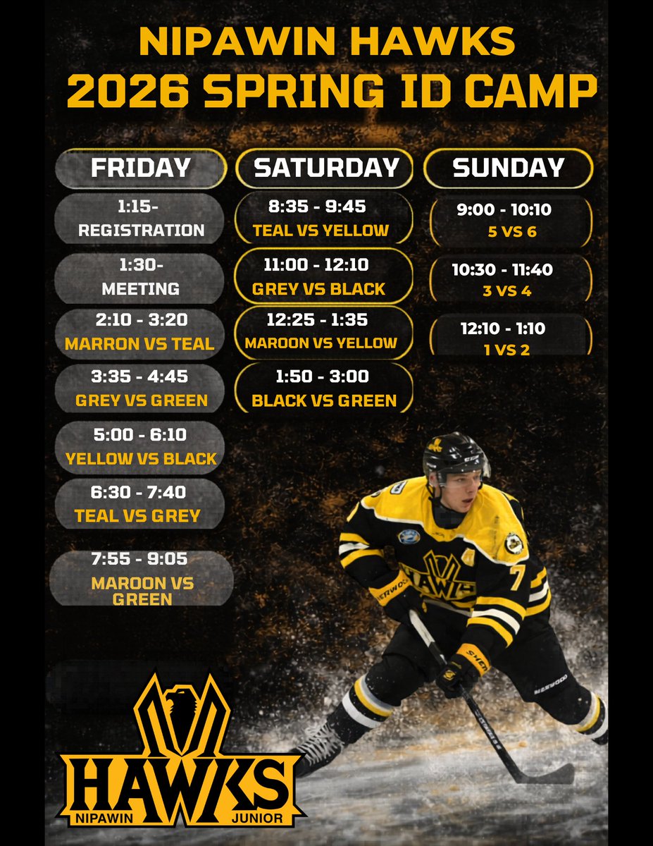 SJHL_Hawks's tweet image. Hey Hawks fans, Spring ID Camp is here this weekend! Come on out to The Cage and catch a glimpse of the future of the Nipawin Hawks. Don’t forget to stick around Saturday night for Game 5! Let’s pack the stands and bring the energy! showpass.com/playoff-round-…
#HawkYeah