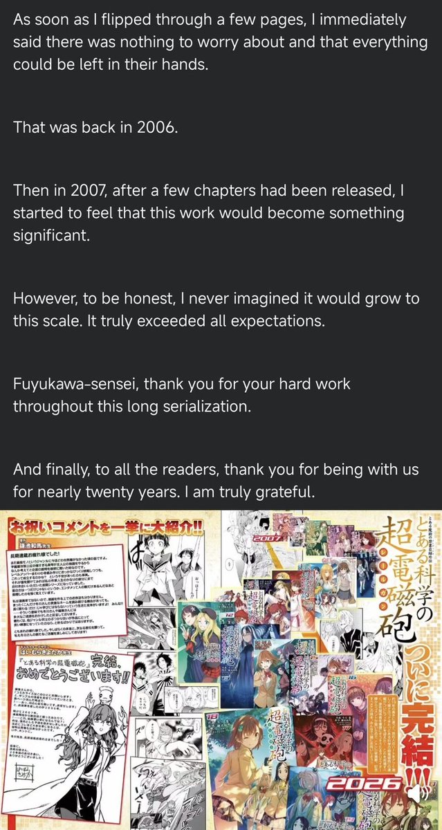OneWhoPurifies's tweet photo. ❗❗Final Message from the A Certain Scientific Railgun Manga❗❗

Read the texts on the translations! https://t.co/Rs7hOQnE57
