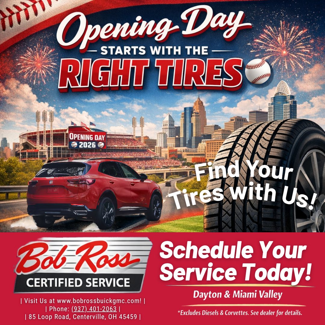 BobRossAuto's tweet image. It's Opening Day! ⚾🚗 Ready for the road? Get expert tire help at Bob Ross Buick GMC Certified Service—drive safe and confident! 📞 Or Call - (937) 433-2698 |🚗 Find your tires today! ➡️ ow.ly/u9iC50YzfwQ   #OpeningDay #RoadReady #DaytonOhio #BuickGMC #CertifiedService