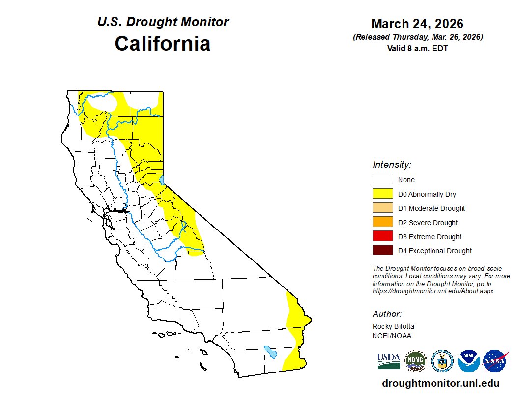 RobMayeda's tweet image. Unsurprisingly “abnormally dry” conditions expanded in California this week. Next week’s rain, mountain snow and cooler temps should apply the brakes on the rapid March dry out / melt out. #CAwx 3/26/2026