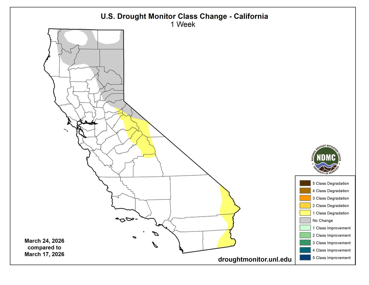 RobMayeda's tweet image. Unsurprisingly “abnormally dry” conditions expanded in California this week. Next week’s rain, mountain snow and cooler temps should apply the brakes on the rapid March dry out / melt out. #CAwx 3/26/2026
