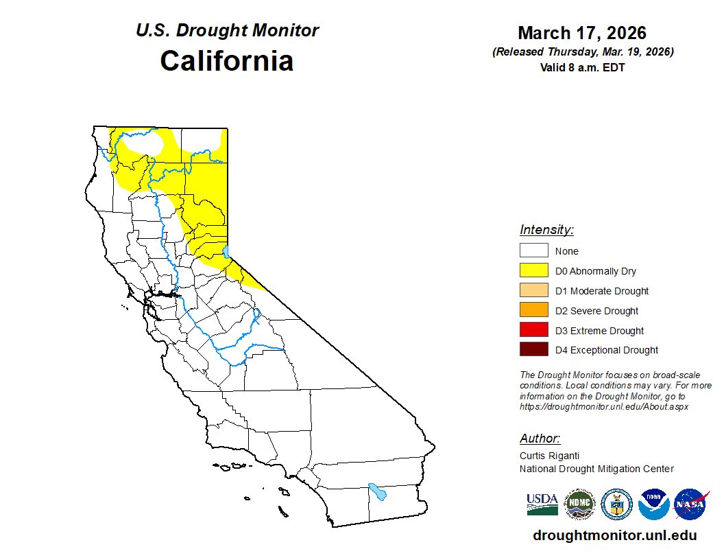 RobMayeda's tweet image. Unsurprisingly “abnormally dry” conditions expanded in California this week. Next week’s rain, mountain snow and cooler temps should apply the brakes on the rapid March dry out / melt out. #CAwx 3/26/2026