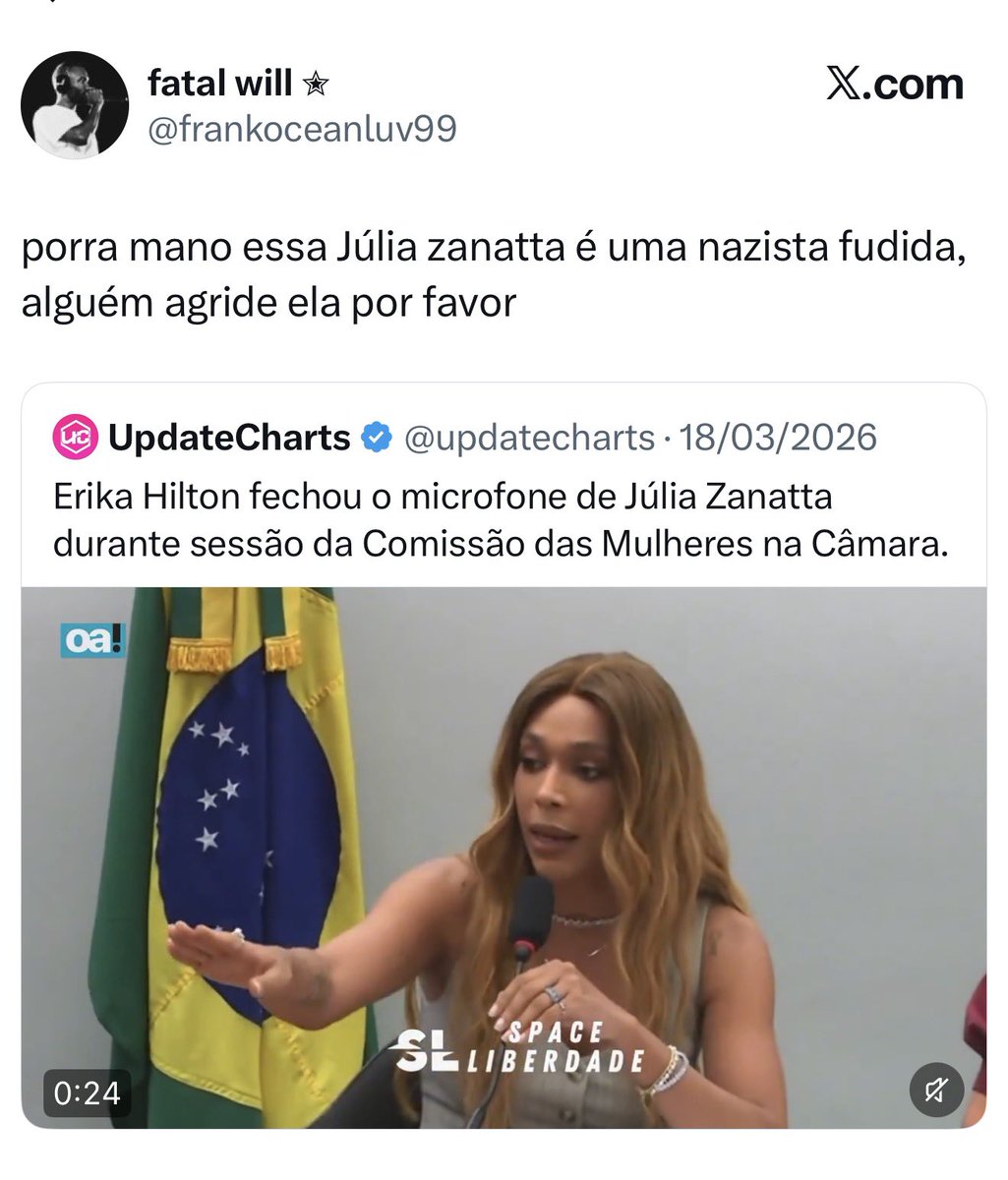 Olha essa fofura aqui da turma do amor “Júlia zanatta nazista, alguém agride ela por favor”. 

É o mesmo tipo que defende o PL da Misoginia. Porque sabem que eles que vão definir o que é misoginia. E eu nem serei considerada mulher mas tão somente algo a ser eliminado.