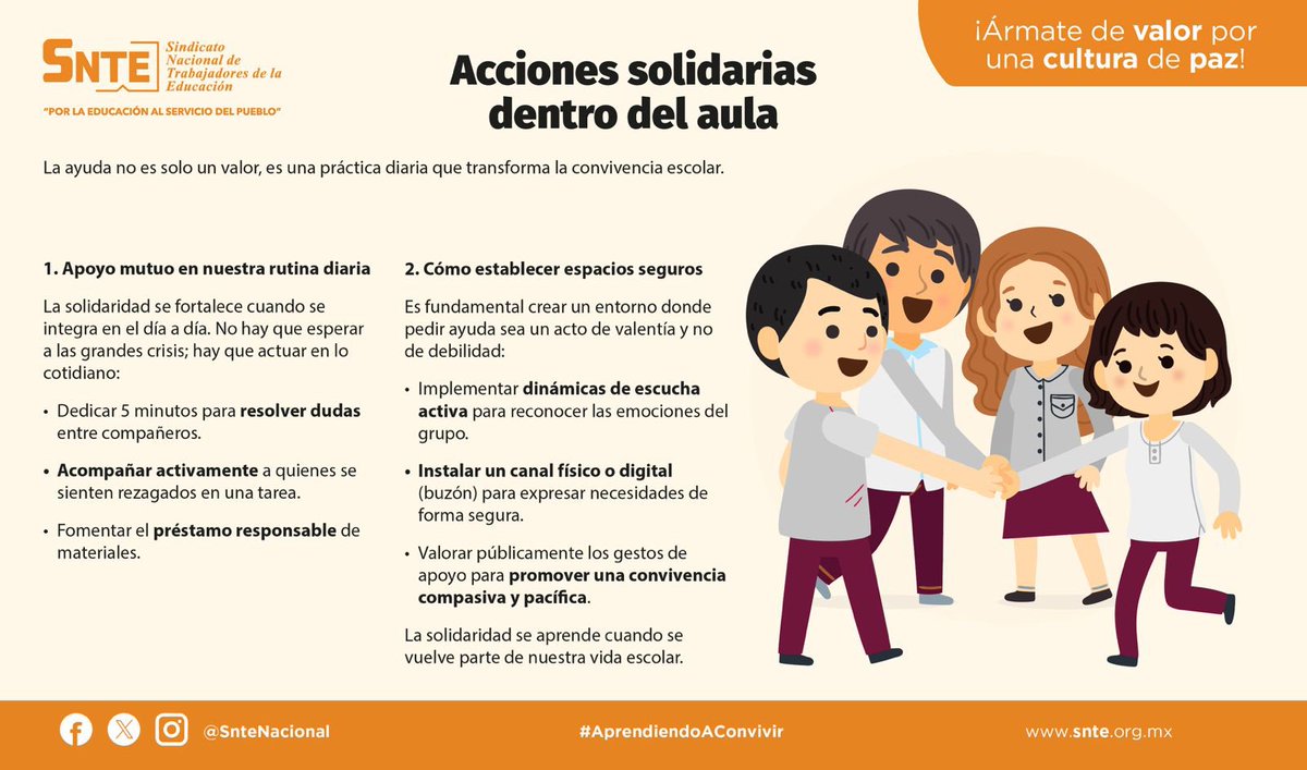 SnteNacional's tweet photo. Á𝐫𝐦𝐚𝐭𝐞 𝐝𝐞 𝙫𝐚𝐥𝐨𝐫, 𝐩𝐨𝐫 𝐮𝐧𝐚 𝐜𝐮𝐥𝐭𝐮𝐫𝐚 𝐝𝐞 𝐩𝐚𝐳

🏫En el aula, la solidaridad se cultiva en lo cotidiano: 🫂apoyarse, compartir recursos y acompañar a quienes necesitan un impulso. Así se aprende a pedir ayuda y a ofrecerla.🤝🏻 https://t.co/3zZ4GO3Ovl