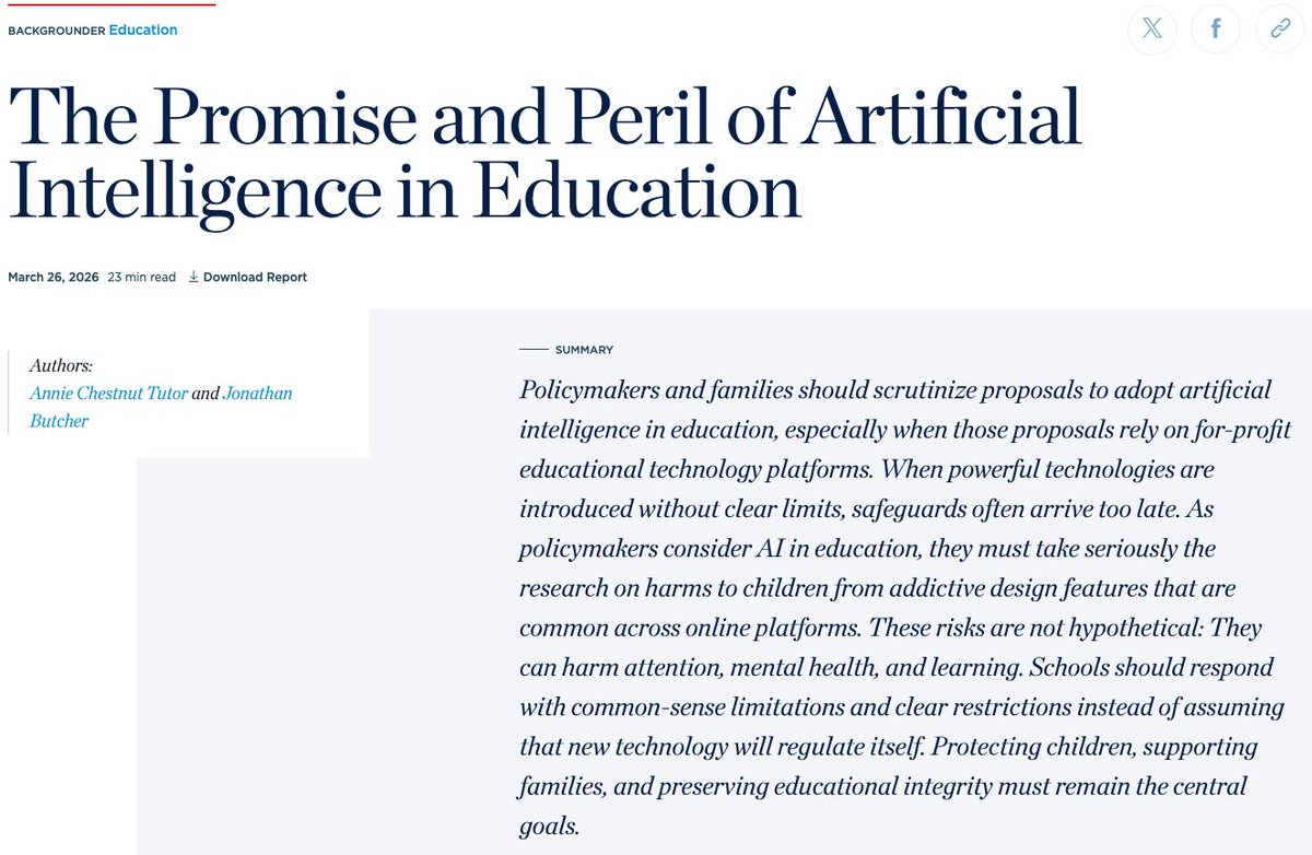 JM_Butcher's tweet photo. Are we ready for AI in education? My latest with Annie Chestnut Tutor @heritage “The Promise and Peril of Artificial Intelligence in Education” 1/8 https://t.co/BCAAlVLPYu