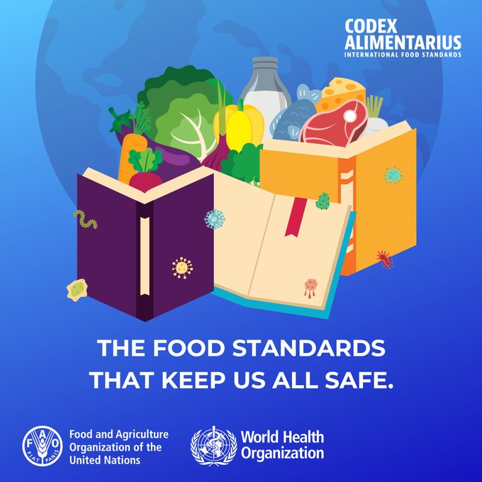 FAOWHOCodex's tweet image. 📙 | The Codex Alimentarius Commission, jointly established by @FAO and @WHO, sets international food safety and quality standards. 

👉 The end goal: ensure safe, good food for everyone, everywhere.

➕ℹ️➡️ bit.ly/AboutCodex

#FoodSafety | #Codex