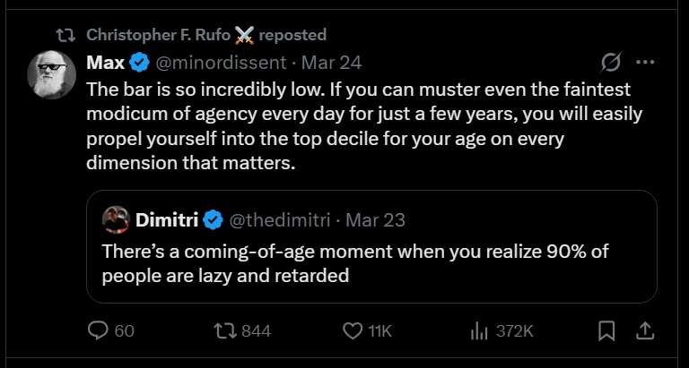 What stands out to me about <a href="/christopherrufo/">Christopher F. Rufo ⚔️</a> is that he claims to want to help disaffected and misguided White men, but so far all his recent interactions display contempt for them. 

When he retweets things like this, it suggets that on a fundamental level doesn't even believe