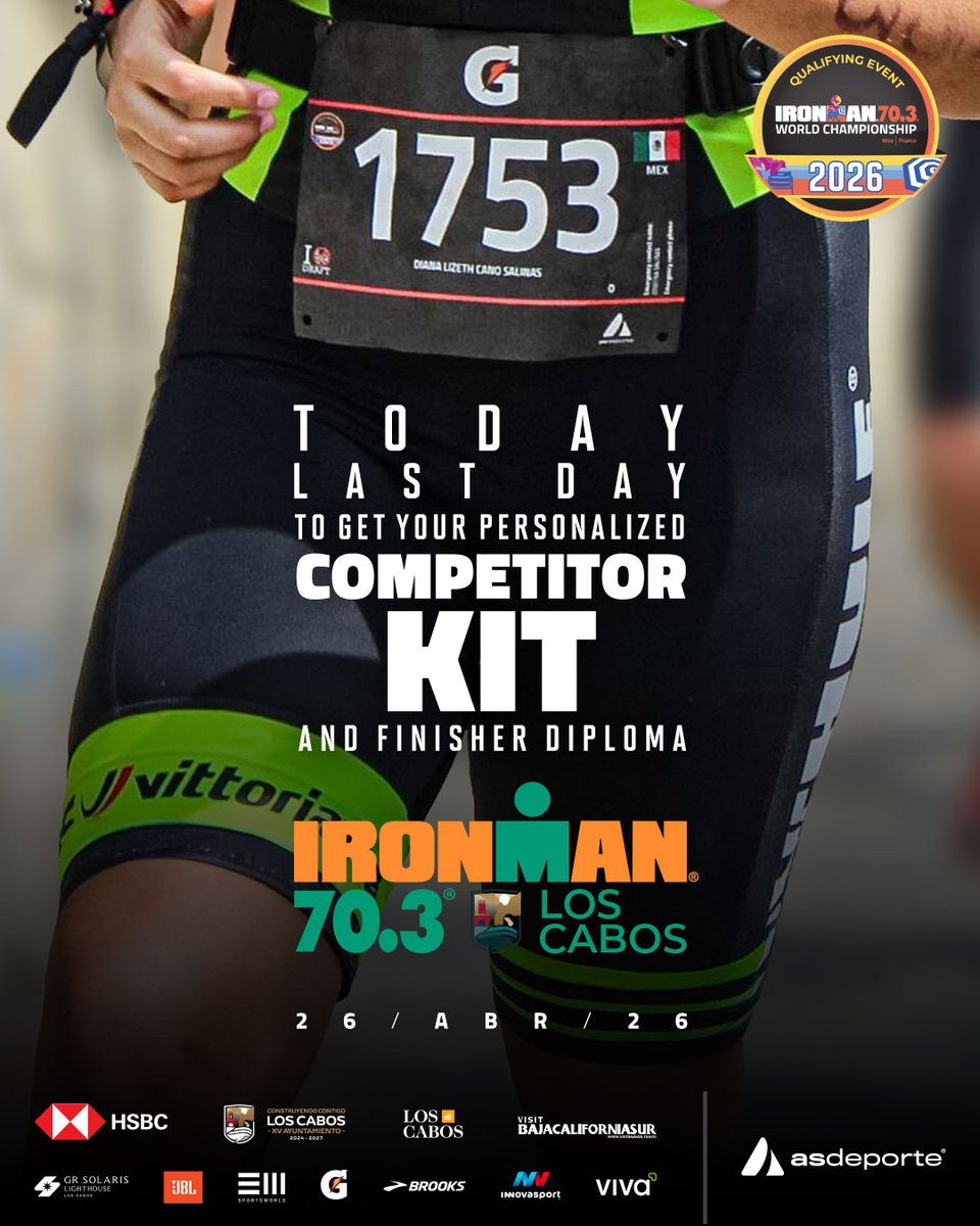 HOY es la fecha límite para que tu kit de competencia incluya tu nombre y bandera mediante el proceso automatizado de personalización.
 Solo necesitas registrarte antes del 26 de marzo  ➡️ hubs.ly/Q048p3t-0 ​

#ironman #ironman703loscabos