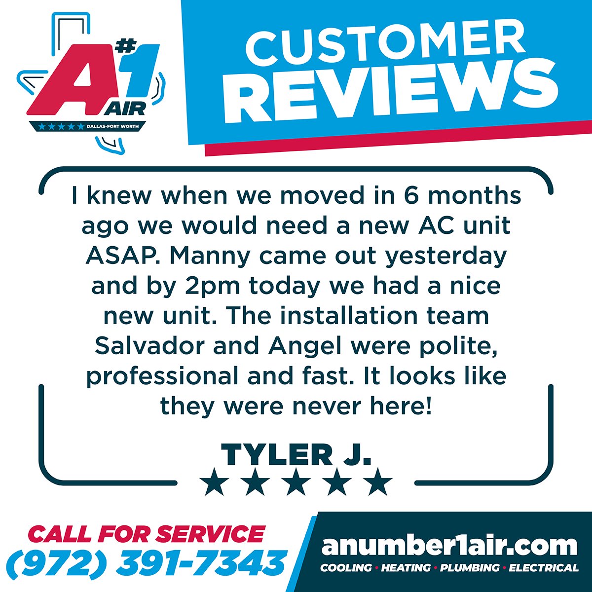 Thank you, Tyler, for taking the time to share your experience😃 We're so glad our team was able to provide you with a new unit in a timely manner⏰

Your comfort comes first—schedule for service guaranteed right, day or night🔧 (link in bio)

#A1Air #CustomerTestimonial #Review