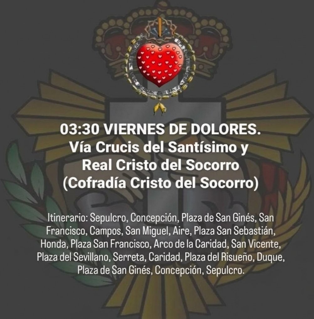 DiscipulosEmaus's tweet photo. VIERNES DE DOLORES. 03.30 h. Vía Crucis del Santísimo y Real Cristo del Socorro (Cofradía Cristo del Socorro).
La segunda Estación Penitencial se realiza en la Basílica de la Caridad a las 6 de la mañana, continuando a las 6.30 por la Calle Caridad. https://t.co/fjpuJG1aV1