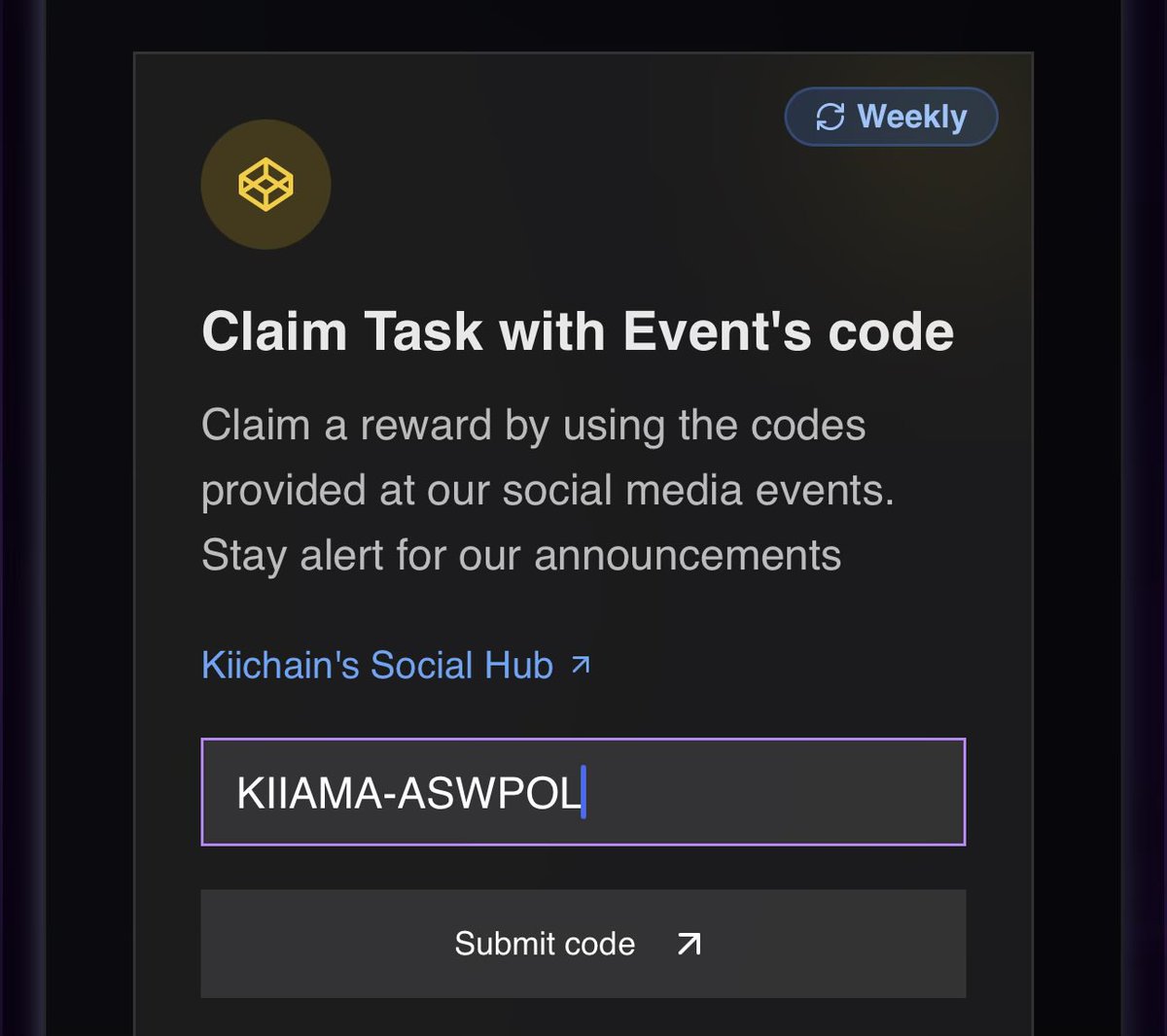 Update on KiiChainio oro testnet 
Cost: 0$

Go claim this code asap

Link: kiichain.io/testnet?refer=…

Use code on the weekly task event 
“KIIAMA-ASWPOL”

Ending soon