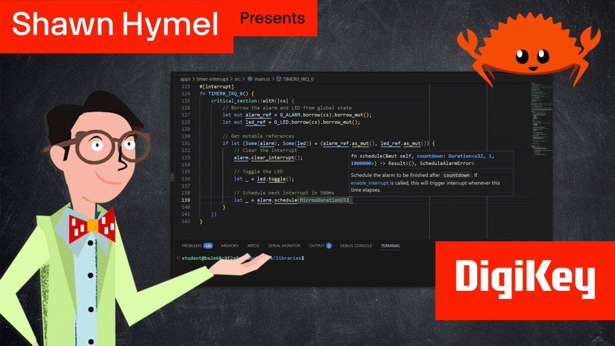 ShawnHymel's tweet image. Time for another embedded #Rust episode! I demonstrate baremetal interrupts. Warning: it's pretty involved. Frameworks like embassy do a good job of abstracting interrupts.
👇
Link in replies

#embedded #microcontroller #programming #RaspberryPiPico @Raspberry_Pi @digikey