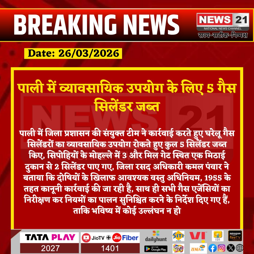 news21national's tweet image. #Pali :  व्यावसायिक उपयोग के लिए 5 गैस सिलेंडर जब्त 

#GasCylinder #CommercialUse #PoliceAction  #PaliNews #BreakingNews #LatestNews #HindiNews #News21 #News21National