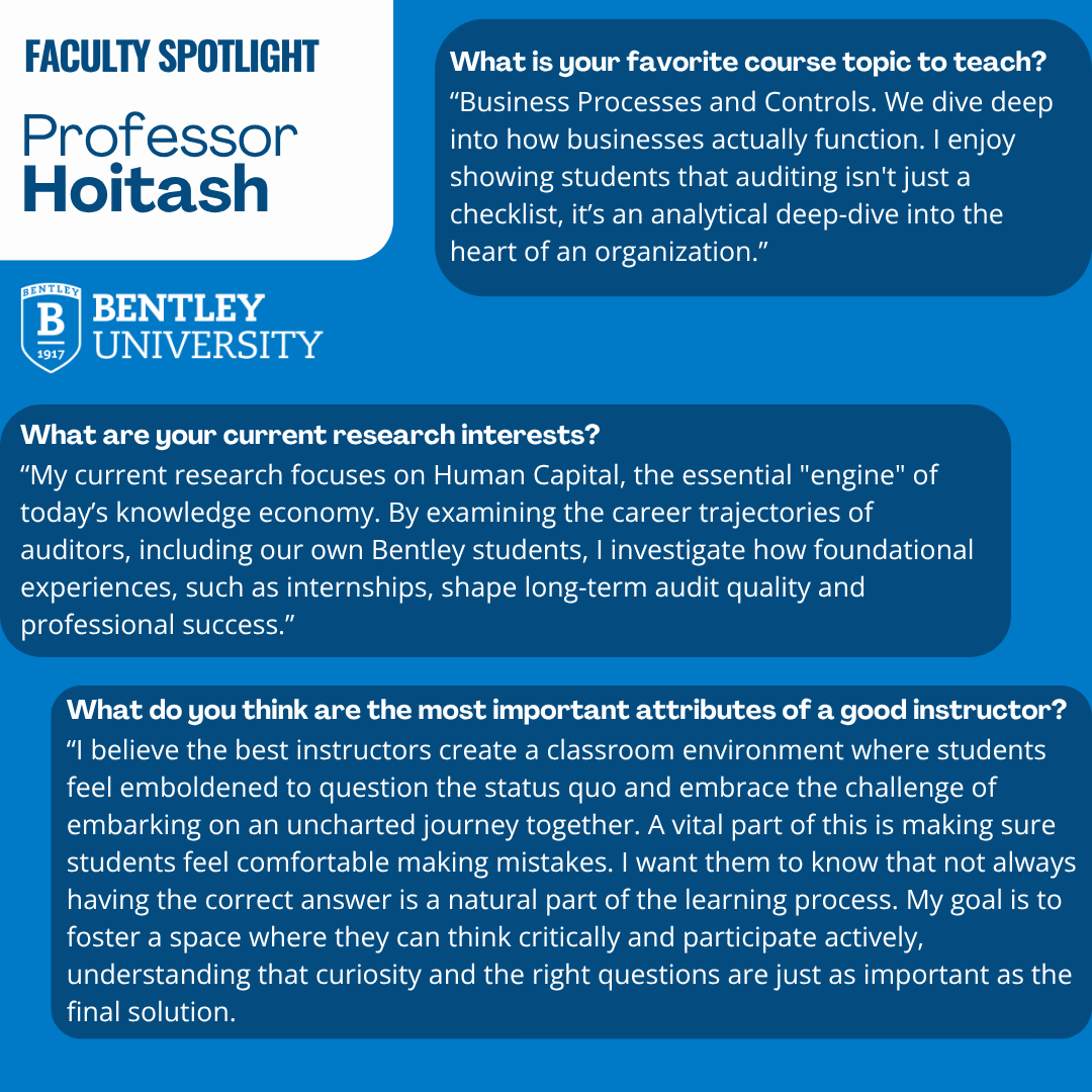 BentleyAcctDept's tweet image. Get to know Professor Rani Hoitash in our latest Faculty Spotlight! Read about his favorite part of teaching at Bentley, the advice he gives students, and his research interests. We're so lucky to have him as part of our faculty and Bentley community! #bentleyu #accounting