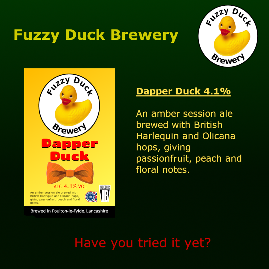 fuzzyduckbeer's tweet photo. Have you tried our latest beer Dapper Duck 4.1% yet?  It's an amber session ale brewed with British Harlequin and Olicana hops, giving passionfruit, peach and floral notes. https://t.co/6OIPumfTjl