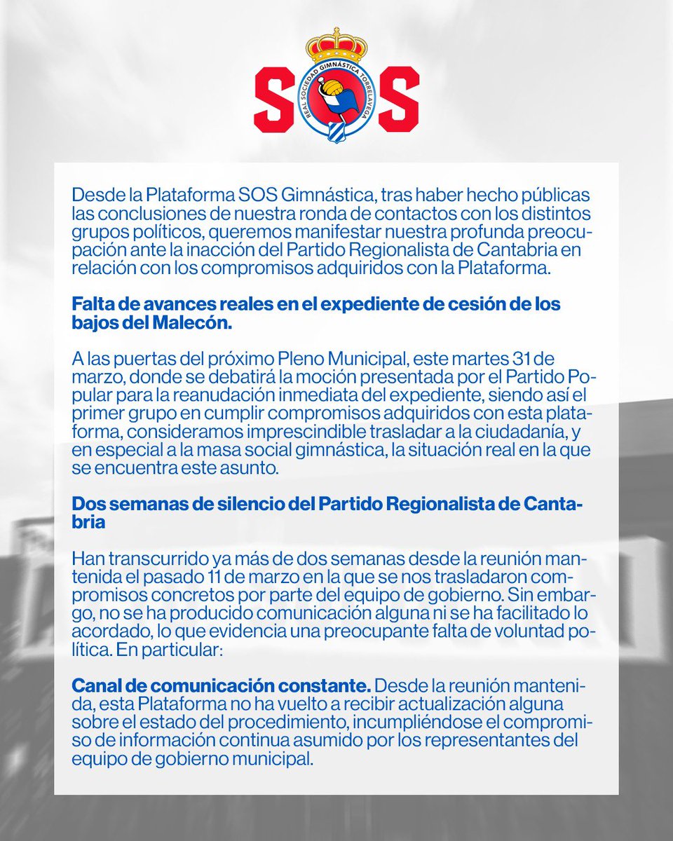 SOS_Gimnastica's tweet photo. 📝 COMUNICADO OFICIAL | Respuesta a la inacción del PRC en relación a los compromisos adquiridos con #SOSGimnástica

📣 AYUNTAMIENTO SOLUCIÓN https://t.co/YISOfqu4XT