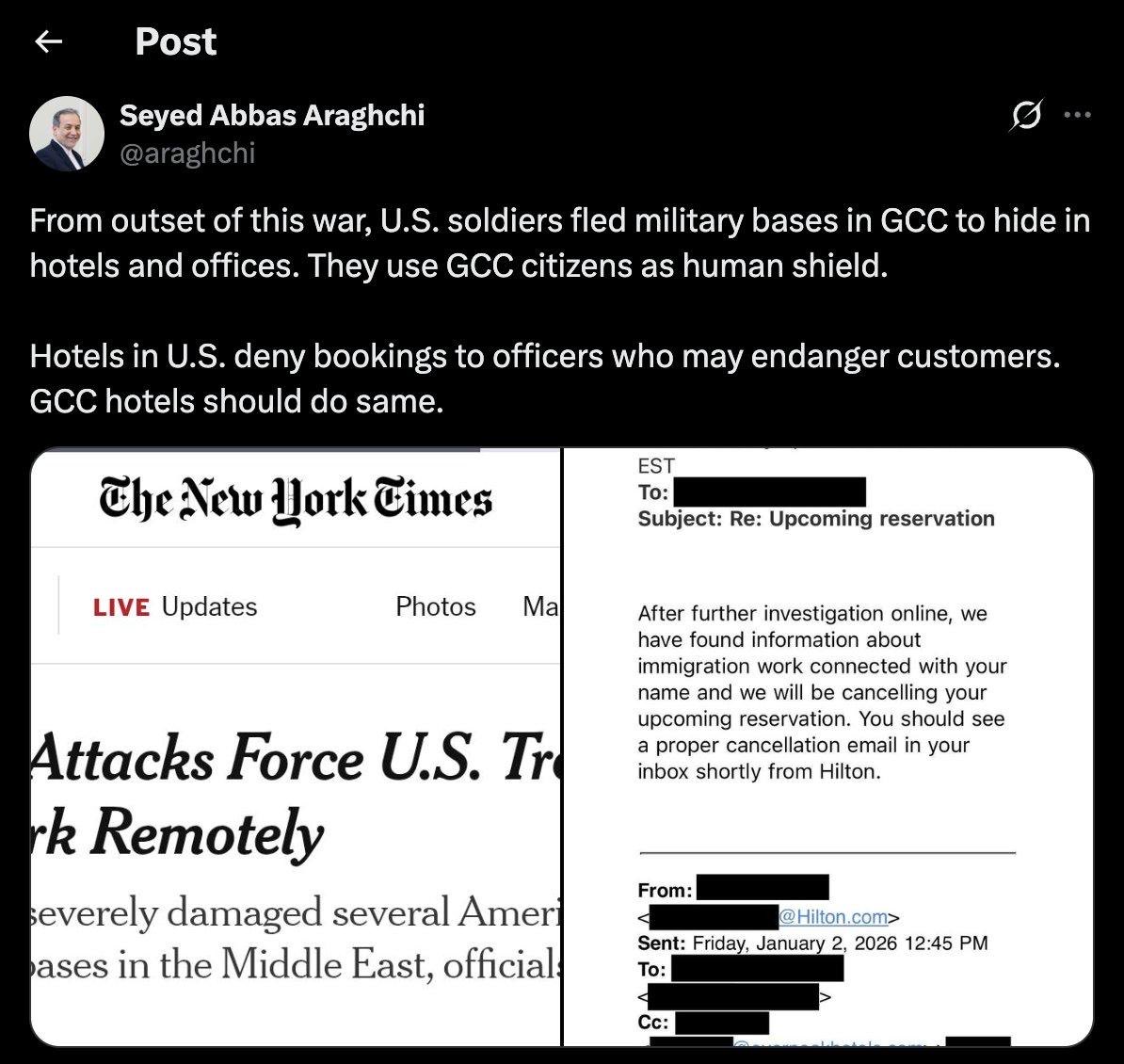 M0SC0W0's tweet photo. ⚡️🚨وزير خارجية إيران، عباس عراقجي:

منذ بداية هذه الحرب، فر الجنود الأمريكيون من القواعد العسكرية في دول مجلس التعاون الخليجي للاختباء في الفنادق والمكاتب. ويستخدمون مواطني دول مجلس التعاون الخليجي كدروع بشرية.

تقوم الفنادق في الولايات المتحدة برفض الحجوزات للضباط الذين قد يعرضون العملاء للخطر. يجب على فنادق دول مجلس التعاون الخليجي أن تفعل الشيء نفسه.