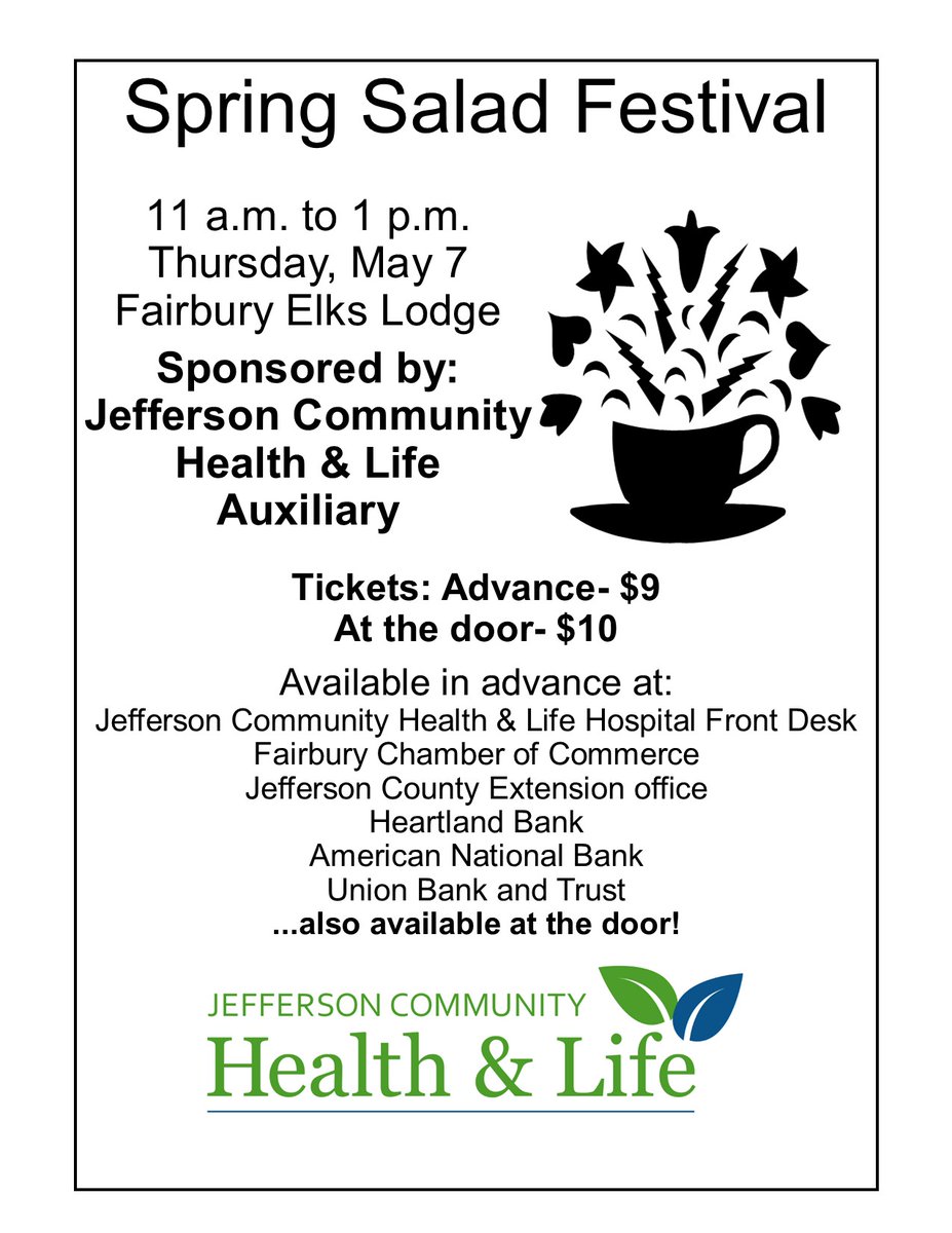 🌸🥗The JCH&amp;L Auxiliary Spring Salad Festival returns May 7 at the Fairbury Elks Lodge. Since 1965, it’s brought our community together while supporting scholarships, Gardenside residents, and JCH&amp;L projects.

Learn more: jchealthandlife.org/salad-festival…
#RuralHealth
