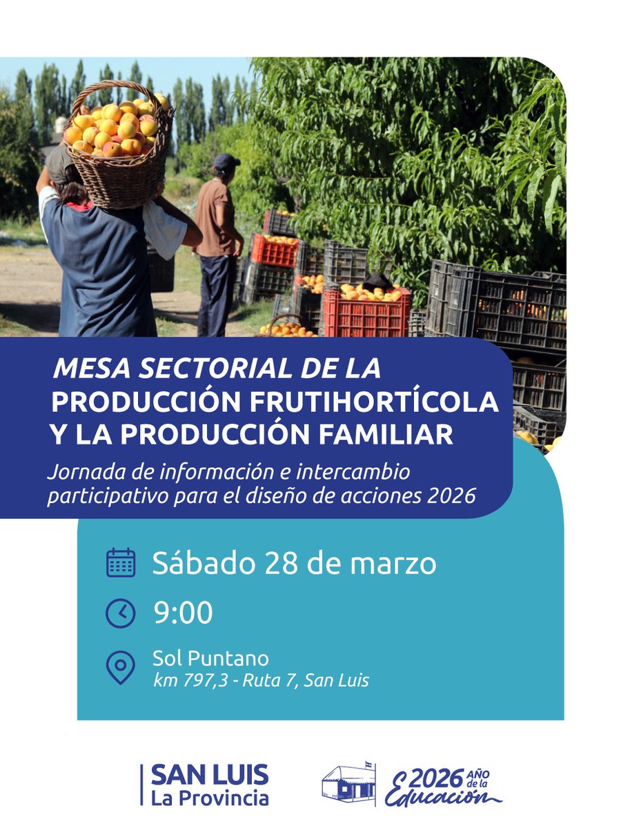 xqm2anse2's tweet photo. 📌Este sábado 28 de marzo tendrá lugar la Mesa Sectorial frutihortícola y de la producción familiar, en el predio de Sol Puntano Sapem, a las 8:30 hs.

🙌🏻 Propiciando las condiciones para potenciar la producción. https://t.co/PZv8xW8qh0
