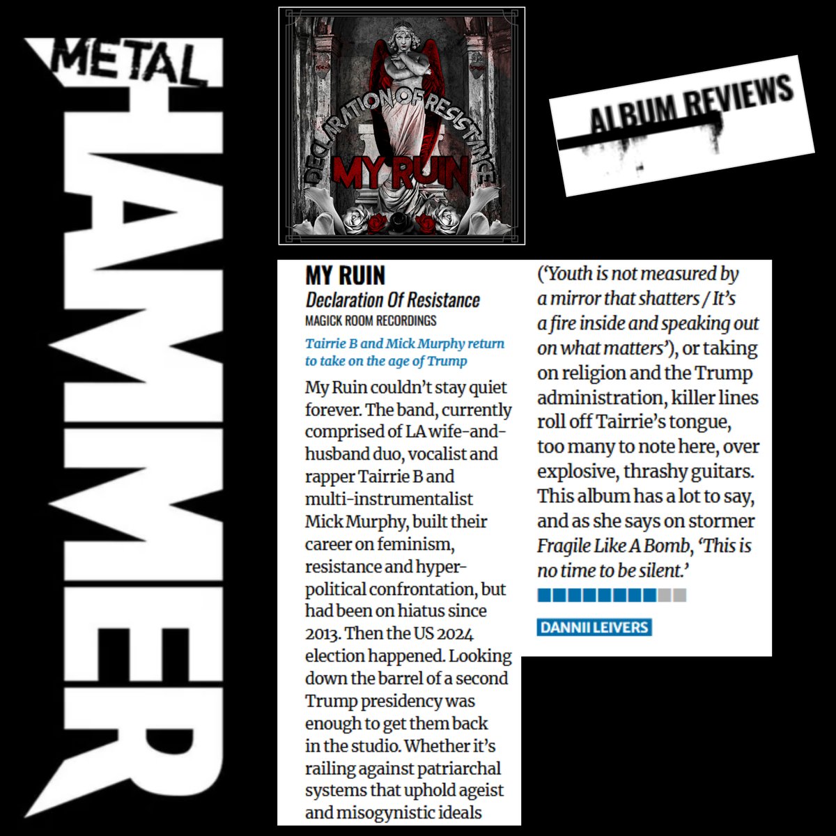TairrieB's tweet photo. Thank you to Dannii Leivers @ @MetalHammer for her ๐/๐๐ review of our new album. We appreciate support & the solidarity.๐ค#MYRUIN #DeclarationOfResistance https://t.co/ZOWHaOEpBR