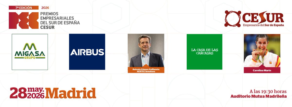 CesurEdelSur's tweet photo. ¡Tenemos ganadores de los VII #PremiosPEC!

✨MIGASA
✨Airbus
✨Antonio Gómez-Guillamón (AERTEC)
✨ La Casa de las Carcasas
✨Carolina Marín

¡Enhorabuena a todos ellos!

🔗Más información: https://t.co/Dv6rGzpval
#EmpresariosDelSur #LiderazgoEmpresarial #TalentoDelSur https://t.co/H8VJPm88rh