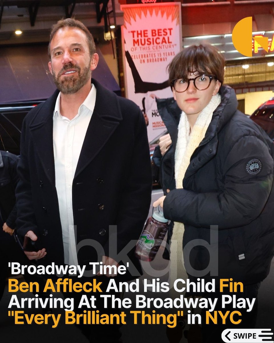 BackgridUS's tweet image. #BenAffleck was seen arriving with his child, Fin Affleck, at the Broadway production of *Every Brilliant Thing*, starring Daniel Radcliffe, in New York City.

📷: T.JACKSON / @backgrid_usa

For licensing inquiries, please email us at usasales@backgrid.com

#backgrid