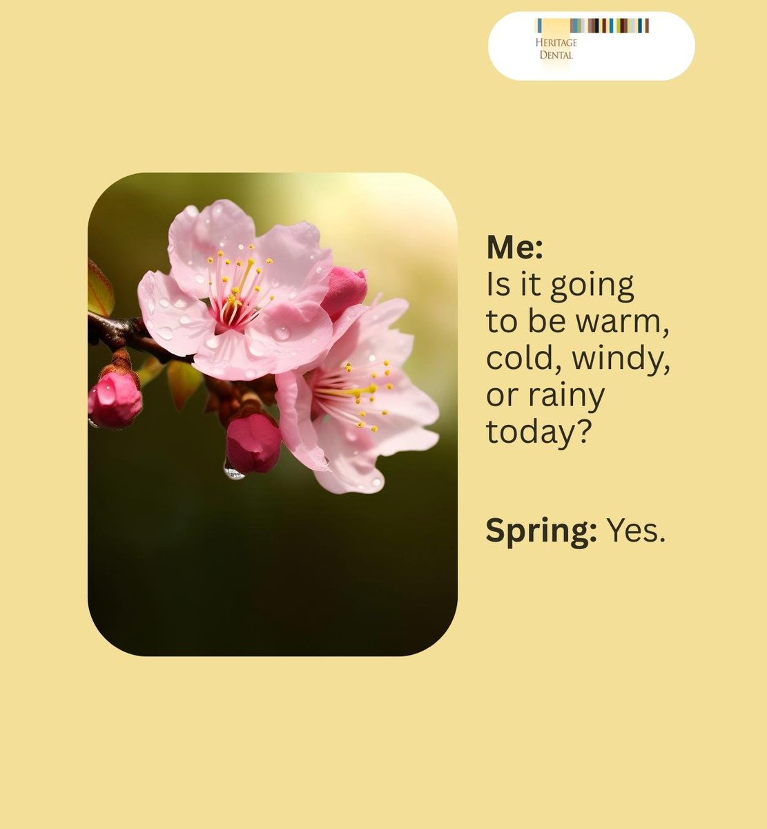 DrBethSkovron's tweet image. Just when you thought the weather would be predictable. It seems like spring has other plans. What kind of weather are you hoping for? Let us know in the comments. #spring #weather #hotorcold #HeritageDental #Montgomeryville #PA