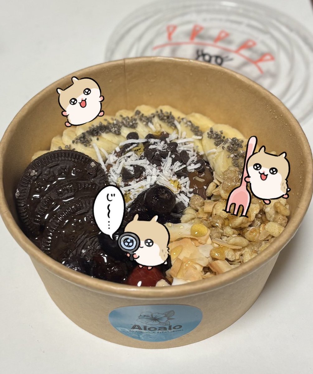 cobihamugohan's tweet photo. 今日はひばりヶ丘駅近くのAloalo bowlさん🌺✨テイクアウト専門のお店だよ🍽️
今日はチョコのアサイーボウルを注文❣️
この組み合わせは初めてだったけど美味しかった( ᴖ⩊ᴖ )🍫
真ん中にチョコが固まってるから少しずつとってアサイーと一緒に食べるのがおすすめ🥣
#コビハムちゃん #Aloalobowl さん https://t.co/cJ5XWvGlp4