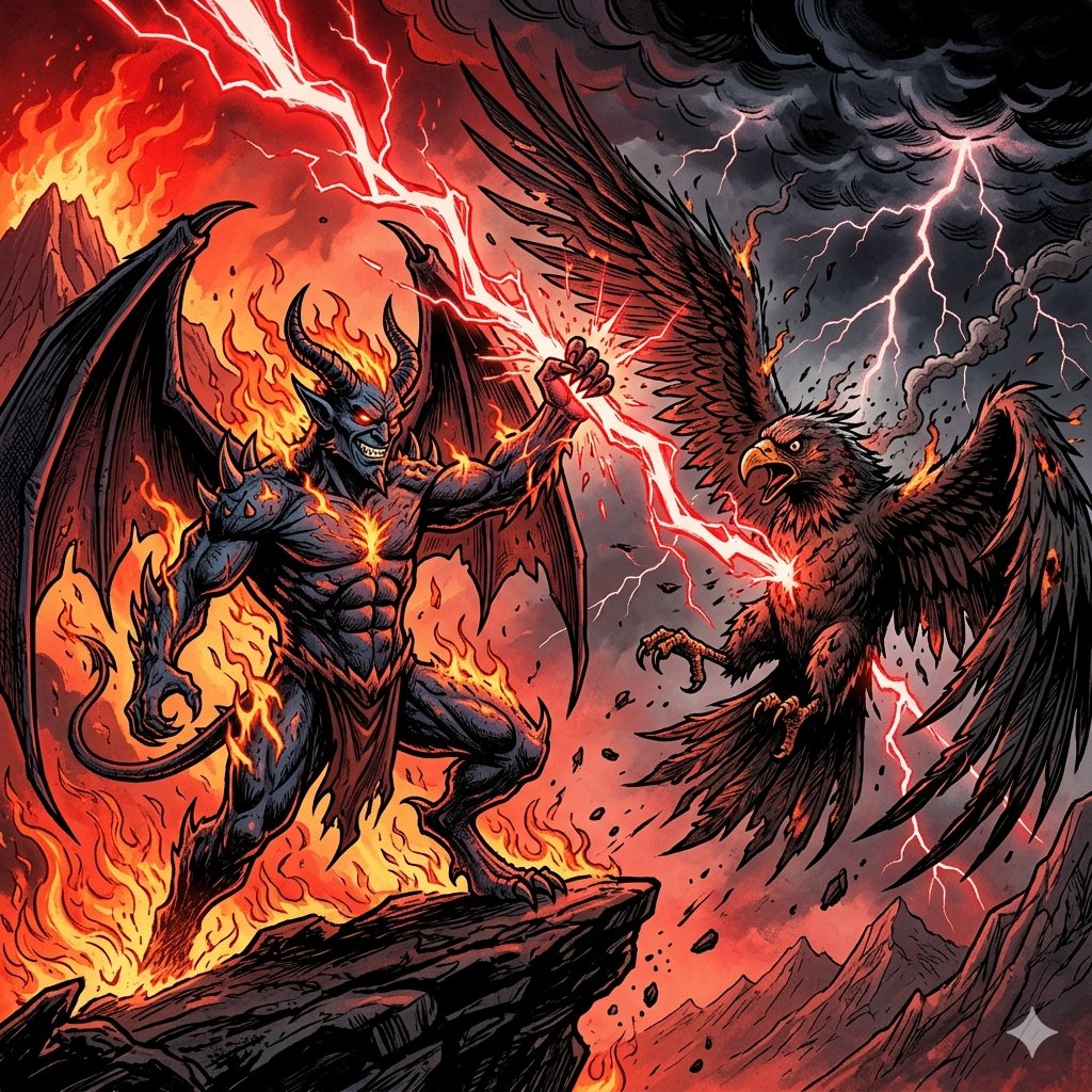 mascotbracket's tweet photo. Duke's Blue Devil has hellfire and the underworld. St. John's Thunderbird summons lightning. One rules hell. The other rules the storm. The devil burned through saints, lizards, and Spartans. The storm hasn't faced evil. Blue Devils will extinguish the Thunderbird. #mascotbracket https://t.co/5hfThTgkGE
