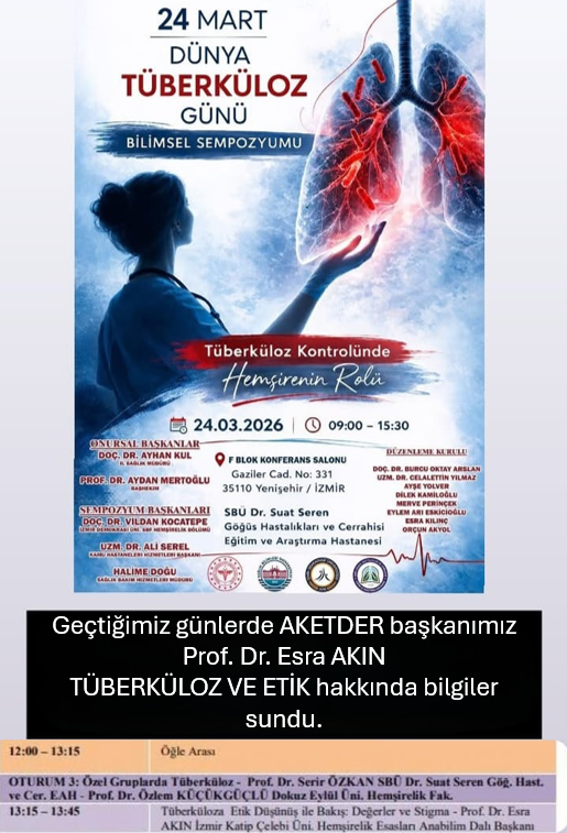 aketder's tweet photo. 24 Mart Dünya Tüberküloz Günü'ndeydik! 📢🩺

Başkanımız Prof. Dr. Esra AKIN "Tüberküloza Etik Düşünüş: Değerler ve Stigma" sunumuyla sağlık etiğine ışık tuttu.

✨"Etik Hepimizin Meselesi"✨

#AKETDER #Etik #Tüberküloz #Sağlık #Akademi https://t.co/YccyuYYB0e