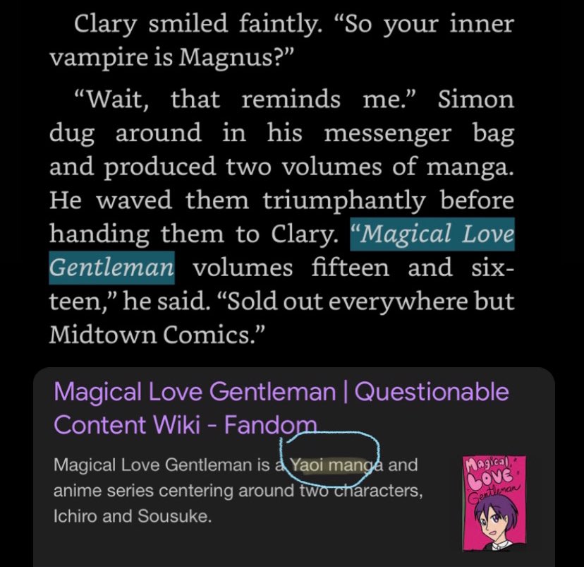 lovelysnowbaz's tweet photo. estoy releyendo city of lost souls y clary está súper triste por la desaparición de jace, entonces simon le lleva unos mangas que se llaman “magic love gentleman” y decidí buscarlos a ver de qué se trataban y RESULTA QUE ES UN MANGA YAOI JAJA CLAY ES UNA HERMANA MÁS https://t.co/20M27G8rXV