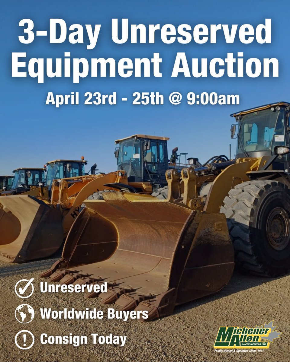 The countdown to our 3-Day Unreserved Equipment Auction is 
officially underway!📢

📅 Join us April 23-25 @ 9:00am

Looking to sell your equipment? Now’s the perfect time to consign!

Get in touch with a Territory Manger today: eu1.hubs.ly/H0s_WS-0