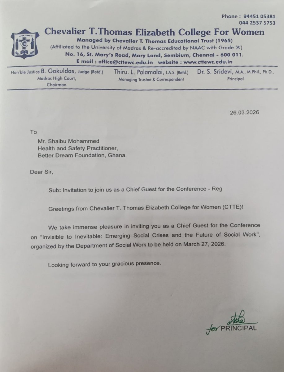 shaibum137's tweet photo. I have been invited by the CTTE - Chevalier T Thomas Elizabeth College For Women in India to grace the National conference as Chief Guest.
The conference is organized by the Department of social work.
 tomorrow.

@khobby_Lali
@GhanaCSFourm
@Rahma_sadau https://t.co/oiLAouRDoF