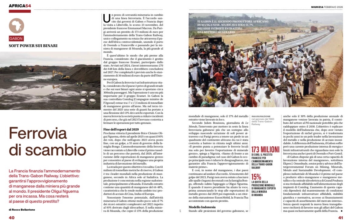 La Francia finanzia l'ammodernamento della #TransGabonRailway. L'obiettivo: garantirsi l'approvvigionamento di #manganese dalla miniera più grande al mondo. Su <a href="/nigrizia/">@nigrizia</a>