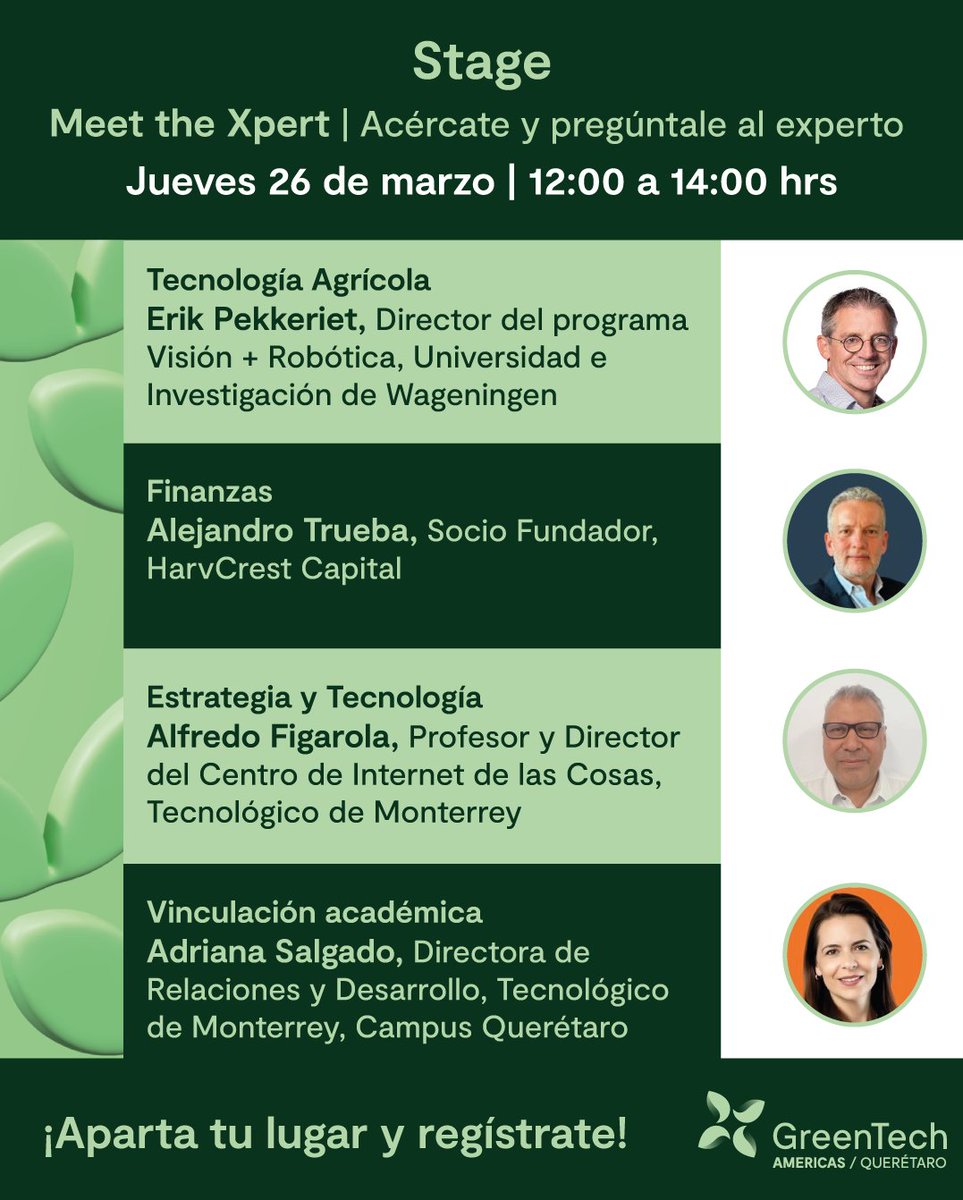 GreenTechAm's tweet photo. ¡Recta final del GreenTech Stage!
No te pierdas Meet the Xpert, con pláticas especializadas de nuestros expertos en tecnología agrícola, finanzas, estrategia y vinculación académica.

🕒 12:00 a 14:00 hrs 
📍Piso de exposición, Planta Baja

Sesiones sin costo ¡No te lo pierdas! https://t.co/nPYPaLFhWG