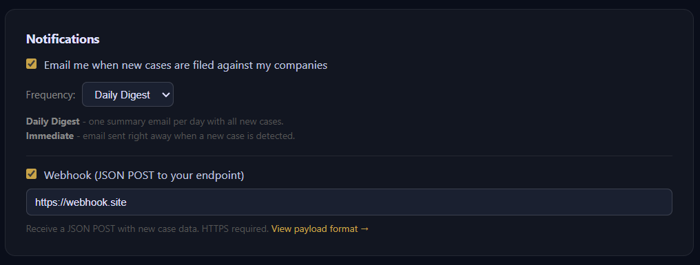New: Webhook alerts for Clerk watchlists

Monitor companies for lawsuits → get a JSON POST with case name, docket number, court, and filing date.

Payload docs: clerk.solvrlabs.ai/docs/webhooks

Build compliance bots, due diligence agents, or alert pipelines. HTTPS, 10s timeout, zero