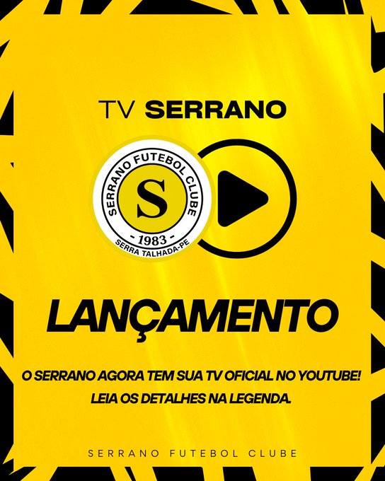 Serranofutebol's tweet photo. É com imenso prazer que apresentamos a TV Serrano! 

Transmitiremos jogos ao vivo, bastidores, melhores momentos, entrevistas e muito conteúdo exclusivo sobre o Serrano. 

Inscreva-se já! Link
https://t.co/i57w8swYeu https://t.co/tmT8xP9Y01