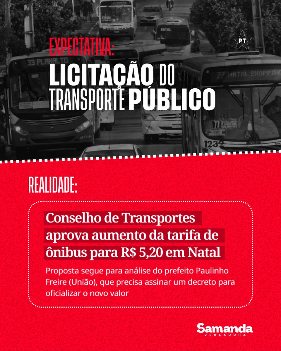 🚨 URGENTE: A passagem vai ficar mais cara em Natal! A nova proposta é R$ 5,20.

Absurdo que a população que é todo dia humilhada no ponto de ônibus pague mais caro por este sistema precário e sem licitação. Vai ter luta!
