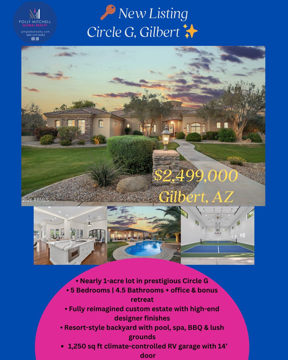New Listing | Circle G, Gilbert  AZ✨
Fully reimagined estate on nearly 1 acre—5 bed, office, resort backyard + 1,250 sq ft RV garage. Luxury, privacy &amp; prime location near parks, dining &amp; the 202.

#GilbertAZ #LuxuryRealEstate #AZHomes #NewListing #PickleballLife