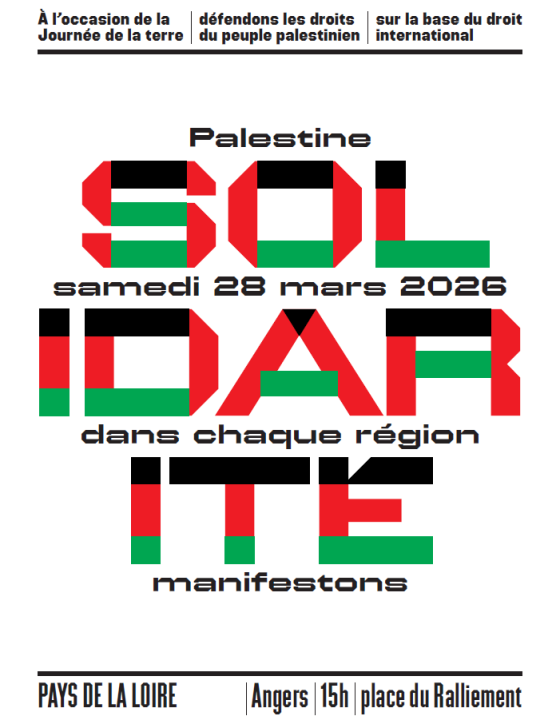 LFI_44's tweet photo. 📢 À l'occasion des 50 ans de la Journée de la Terre et à l'initiative de l'AFPS et 90 organisations (dont la France insoumise), mobilisons-nous pour défendre les droits du peuple palestinien. 🇵🇸

📍 Manifestation régionale à Angers - Place du Ralliement
🗓 Samedi 28/03 - 15h https://t.co/dmeUA5DxlM