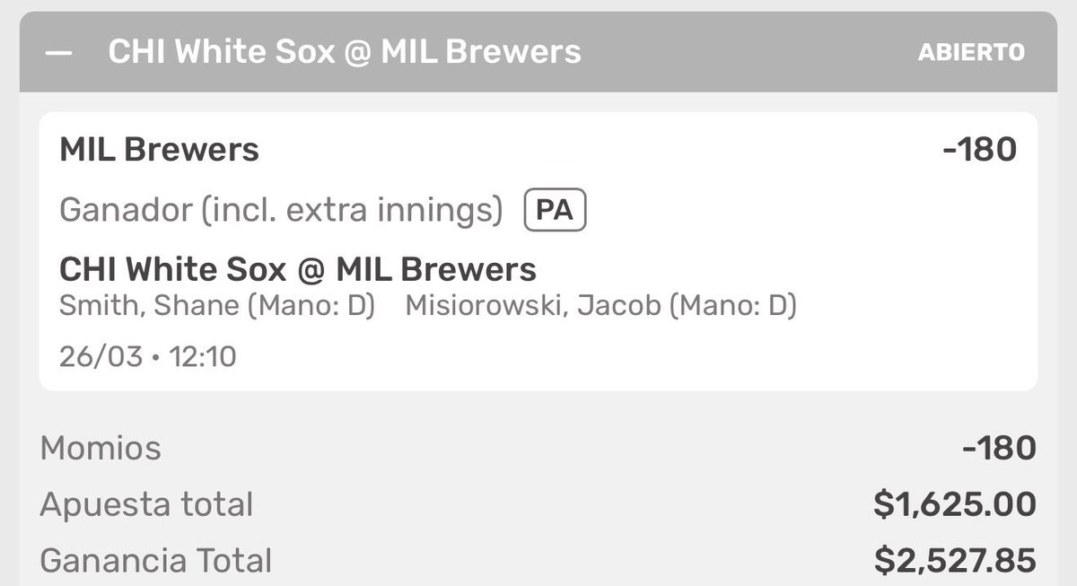 cc_picks_'s tweet photo. MLB ⚾️

Brewers -1

5u

Para no perder la bella costumbre, vamos en contra de White Sox.

Este duelo no será entre los mejores abridores de cada equipo, Quinn Preister (Lista de Lesionados - 15 días), mientras que White Sox perdió a Drew Thorpe (Lista de Lesionados - 15 Días); también perdieron a su receptor (prospecto) Kyle Teel (Lista de Lesionados - 10 días).

Por su parte, Brewers mandó a la lomita a Misiorowski, una de las sorpresas de la temporada pasada como novato. Tuvo un récord 5-3 - 4.36 ERA - WHIP 1.24 - 87 K - 66 IP; por su parte White Sox abrirá con otro joven como lo es Shane Smith quien tuvo un récord 7-8 - 3.81 ERA - WHIP 1.20 - 145 K - 146.1 IP.

Y como cada año los White Sox siguen siendo uno de los eslabones débiles de la liga, aunque este año comenzaron una reconstrucción aún falta para ver a un equipo más competitivo. Por su parte, Brewers este año está como uno de los principales favoritos a ganar su división y peleando contra los Cubs.

- Desde 2024 MIL (Local): 33-13 (72%). AVG Score: MIL 4.6 - OPP 3.8.
- ⁠Desde 2024 CHI (Visita) (T7-8.5) 27-90 (23%). AVG Score: CHI 3.2 - OPP 5.0