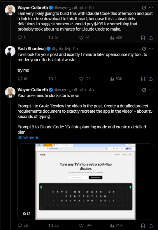 zdr_maks's tweet photo. We're living in a completely new era.

Code alone means nothing anymore.

Someone vibecoded a countdown timer for TVs and tried to charge $199 for it. Someone else rebuilt it in Claude Code in 15 minutes  and shipped it free.

The tool is no longer the value. 

The brand is. 
The trust is. 
The community is.

If your only defensible asset is the code - you don't have an asset. You have a head start.