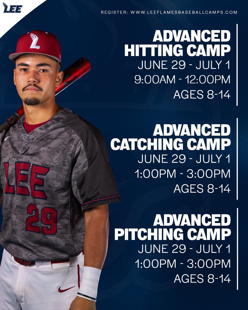 LeeUBaseball's tweet photo. Weather is heating up and the Flames have lots of opportunities for baseball camps for summer for the youth in the area. We do hope to see you at the Carp this summer. Dates and registration info is located on the graphics. #FiredUp https://t.co/EL60UY42c4