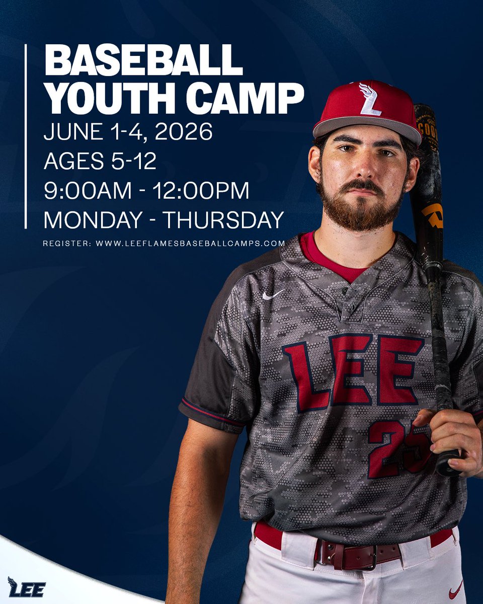 LeeUBaseball's tweet photo. Weather is heating up and the Flames have lots of opportunities for baseball camps for summer for the youth in the area. We do hope to see you at the Carp this summer. Dates and registration info is located on the graphics. #FiredUp https://t.co/EL60UY42c4