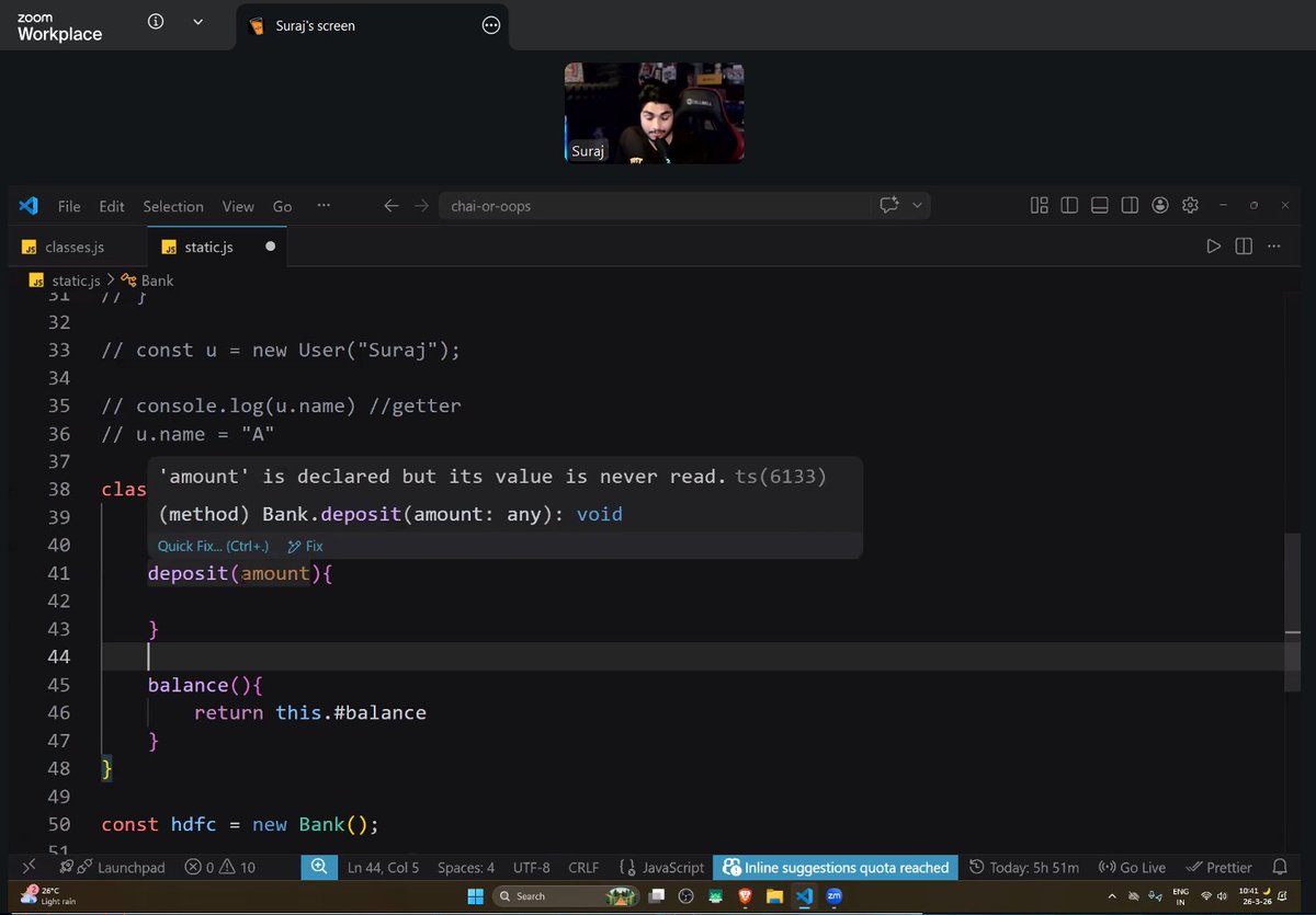 sharmadipalidev's tweet image. Cohort class-30
T9-OOPs by @surajtwt_

learn about
-prototype
-__proto__
-constructor
-class
-getters
-setters
-encapsulation
-inheritance
-abstraction
-polymorphism
#chaicode #oops