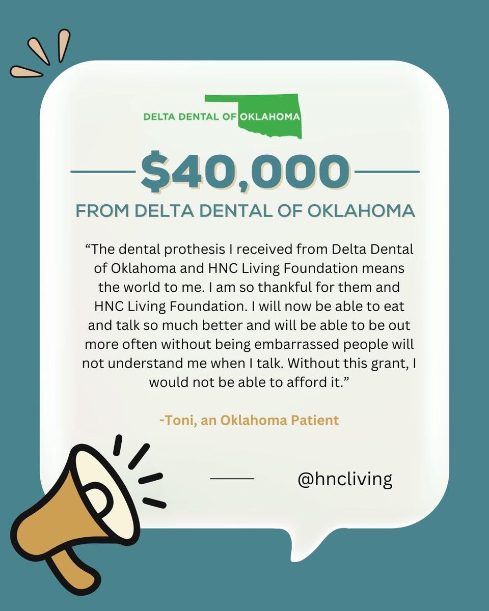 DeltaDentalOK's tweet photo. Thank you for the note @HNCLiving - we are honored to help Toni and other #Oklahomans access dental care through your organization 💚 https://t.co/7Qhg94JhUF