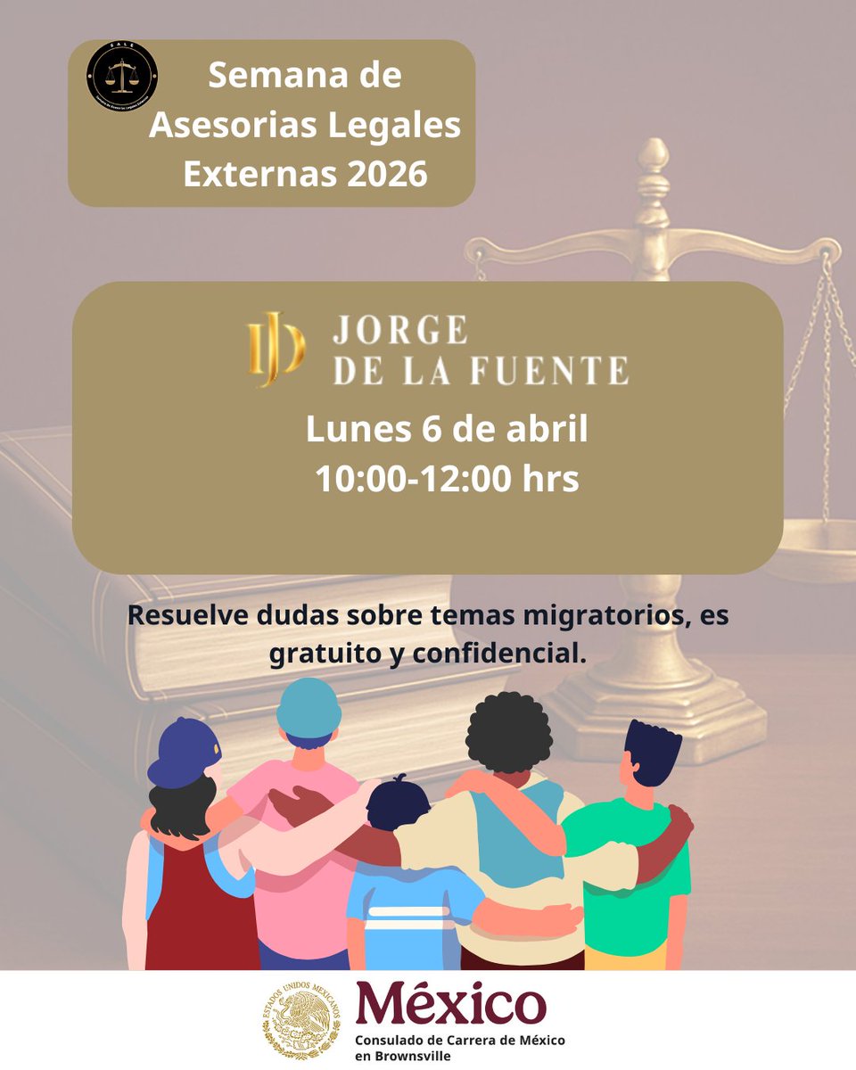 ConsulMexBro's tweet photo. El @ConsulMexBro 🇲🇽 te invita a la #SALE (Semana de Asesorías Legales Externas), donde podrás recibir orientación de forma segura y gratuita.

📅6-9 de abril
📍En el Consulado

Mayor información: conbrowsnville@sre.gob.mx https://t.co/bZBo04ygs6